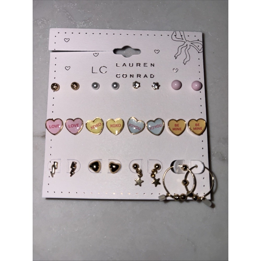 LC Lauren Conrad NWT Hearts Theme Love Stud hoop Earrings 12 Pairs Pack Pink